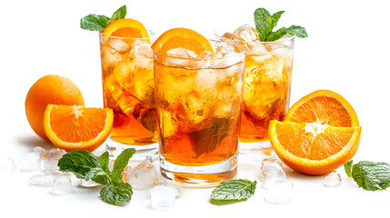 Fototapeta premium Three glasses of orange juice with ice and a few slices of oranges