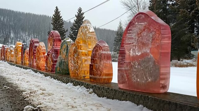 Colorful Ice Sculptures Line Snowy Roadside