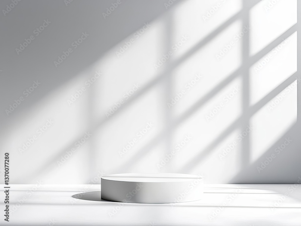 Aufkleber minimalist display pedestal with soft shadows and natural light creating a serene atmosphere.