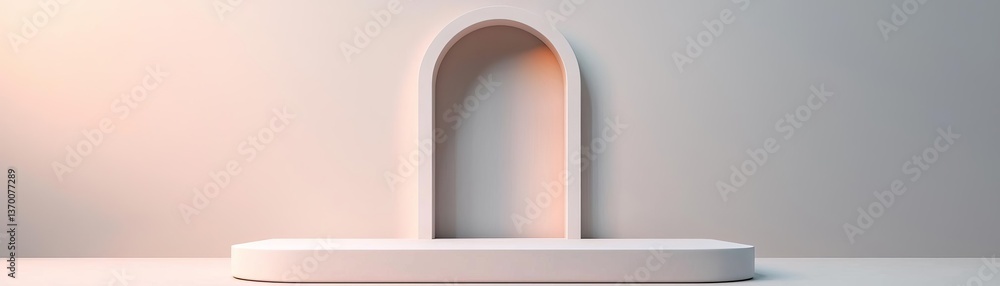 Poster a minimalist design featuring a white arch structure against a soft-colored background.