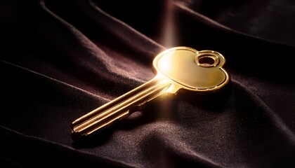 ブラックベルベットの上に置かれ、柔らかなスポットライトに照らされたシンプルな黄金の鍵