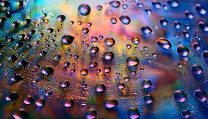 虹色のガラス表面に形成された水滴が複雑な模様を作り出しているクローズアップショット