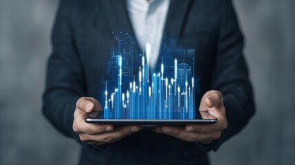 A businessman holding a tablet showcasing digital financial data and graphs.