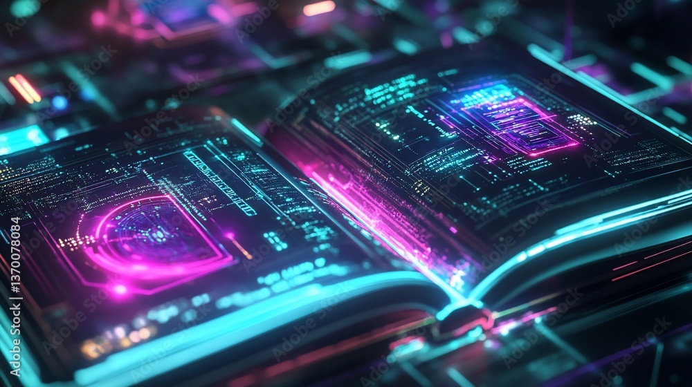 Aufkleber a digital book with glowing circuit patterns and neon accents, highlighting tech integration