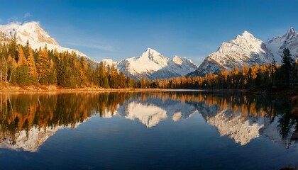 Fototapeta premium 日の出の時間帯、澄み切った湖に完璧に映る雪を頂いた山の反射
