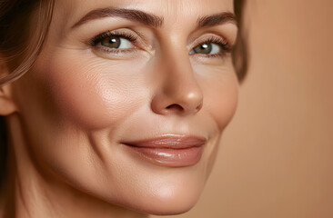 Obraz premium Close-up of middle-aged woman with natural nasolabial folds on beige background. Smiling serene female demonstrates skin texture, imperfection, bodycare rejuvenation procedure in beauty studio.