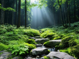Obraz premium Sunlit Forest Stream Lush Green Vegetation and Mossy Rocks