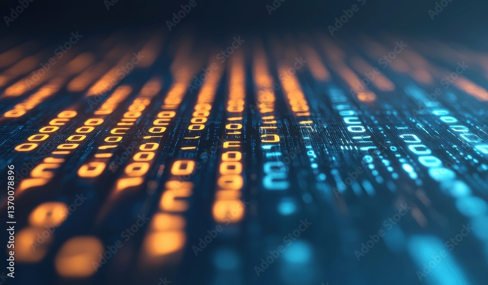 Poster abstract digital binary code background in bright colors of blue and orange