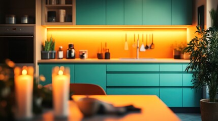 Modern Teal Kitchen with Orange Accent Lighting