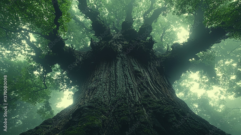 Poster majestic ancient tree viewed from below, sunlight filtering through leaves, creating a mystical fore