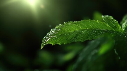 Close-up of a vibrant green leaf, glistening with water droplets, bathed in sunlight