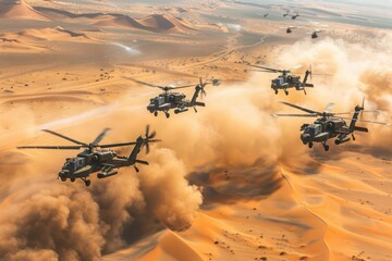 Action-packed squadron of ah apache helicopters in flight over desert terrain aerial view military concept