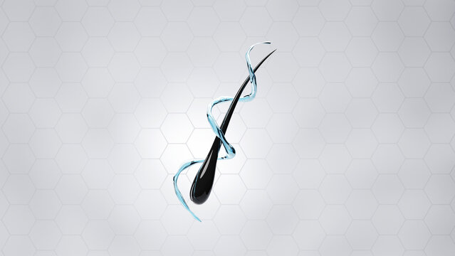 3D hair strand growing from scalp, wrapped in golden liquid, symbolizing scientific hair care technology, nourishment, and cosmetic innovation.