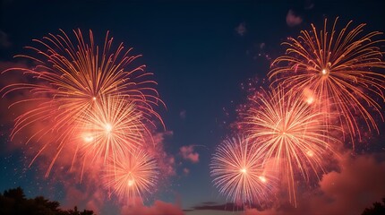 Spectacular Nighttime Fireworks Display - Vibrant Orange and Red Explosions in Dark Blue Sky