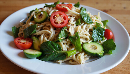 Fresh Pasta Salad with Colorful Vegetables on a White Plate  