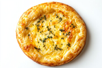a quiche with cheese and herbs on a white surface
