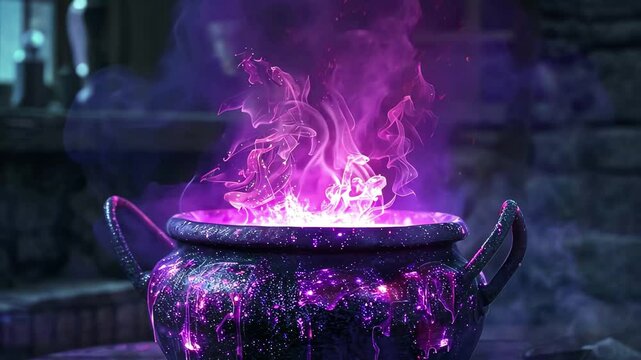Mystical purple potion bubbling in a cauldron against a dark, magical backdrop during the night