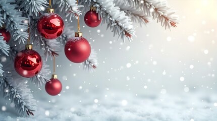Bright Red Christmas Ornaments Hanging on Snowy Fir Branch - Festive Winter Holiday Decoration in Beautiful Bright Snow Scene Setting for Winter Christmas Holidays
