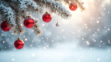 Festive Winter Christmas Scene Snow Covered Branches Red Ornaments Holiday Wallpaper