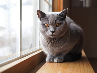 portrait of a gray British cat on a windowsill