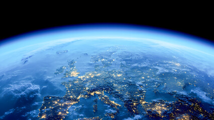 Aerial view of earth from space showing europe at night