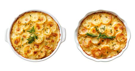 Potato gratin with creamy cheese, baked isolated on transparent background.