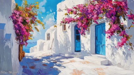 Watercolor of Traditional greek Santorini house with bougainvillea flowers,Greece islands blue white traditional cafe restaurant architecture,Santorini blue door window,Mediterranean scene.