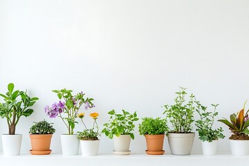 Collection of potted plants on a shelf against white background, indoor gardening concept