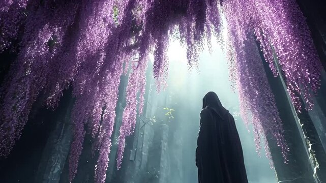 Silhouette figure under a wisteria canopy.  Possible use for spiritual, artistic, or nature themed design