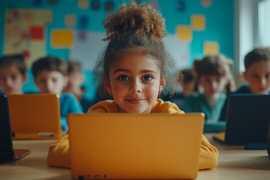 Diverse children using laptop computers in computer class of primary school, learning computer science