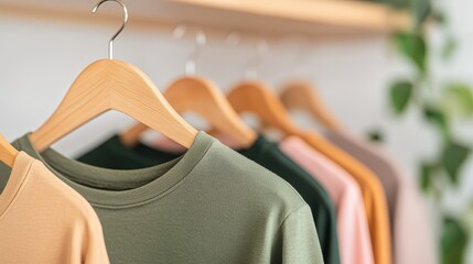 Obraz premium A close-up of hanging casual t-shirts in soft colors on wooden hangers against a blurred background with greenery.