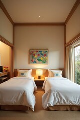 Fototapeta premium A bright hotel room featuring twin beds and cheerful decor. The background includes a colorful painting and a desk with a laptop and fresh flowers