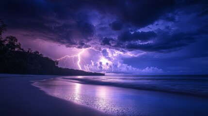 Obraz premium Dramatic lightning storm illuminates coastal landscape at dusk in tropical paradise