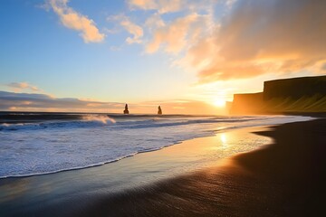 Beach waves at dusk. Cliffs and rocks in the water under cloudy sky