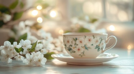 Fototapeta premium Delicate porcelain cup with white blossoms and soft lights in the background during a serene afternoon