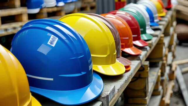 Colorful collection of construction helmets arranged on a wooden shelf in an industrial site during daylight