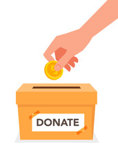 Hand throwing gold coins into donation box stock illustration