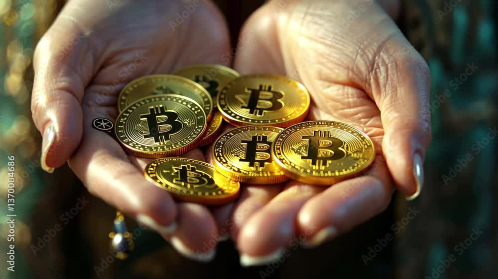 Poster hands holding multiple gold-colored bitcoin coins with intricate details against a blurred backgroun