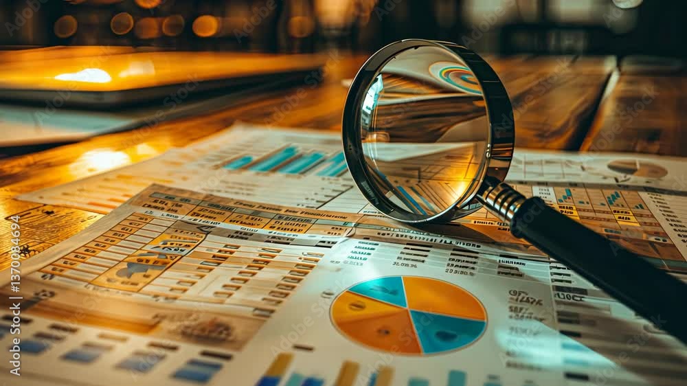 Poster close-up of a magnifying glass over financial reports highlighting detailed charts and data in an of