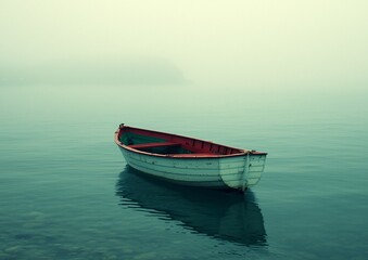 Fototapeta premium Solitary boat on foggy lake, calm water, misty background; ideal for tranquility, peace themes