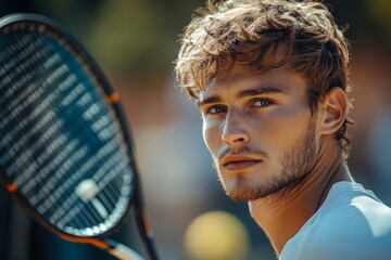 Young handsome tennis player with racket and ball prepares to serve at beginning of game or match