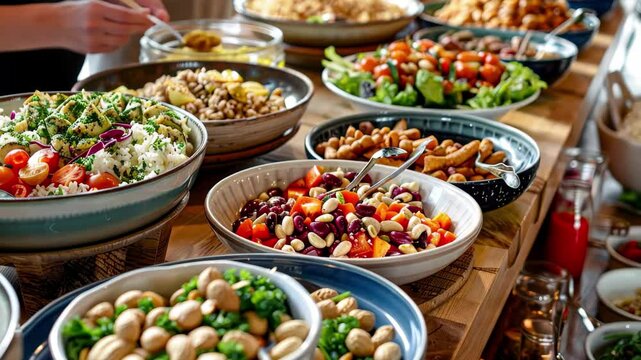 Delicious buffet spread featuring a variety of fresh salads and colorful vegetables at a vibrant gathering in the afternoon