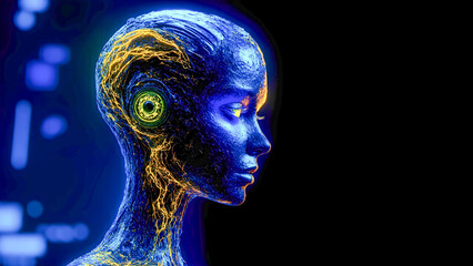 Futuristic blue cybernetic woman with glowing neural network in profile view