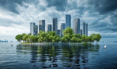Fototapeta premium City on island with trees, sailboats, stormy sky, climate change concept