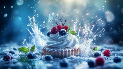 Delicious Berry Topped Tart with Cream Splashing in a Bokeh Background