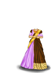 Traditional Indian Woman Caricature &ndash; Brown & Yellow Saree Vector for Cultural Designs & Festive Invitations