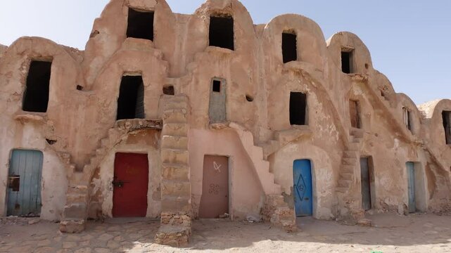 Multi-story granary rooms (known as 'ksar') in Medenine, ancient granary today part of the city's market, in Tunisia
