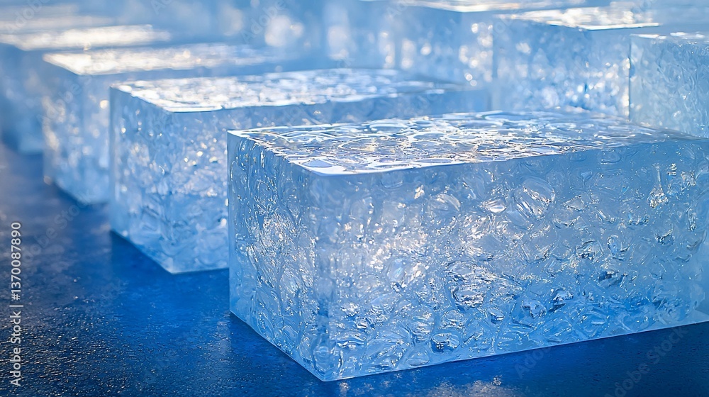 Poster sparkling ice blocks on blue surface, factory setting