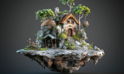 Fototapeta premium Cliffside cottage on floating island, fantasy setting, ideal for game asset