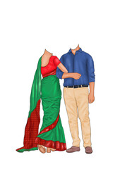 Casual South Indian Couple Caricature &ndash; Blue Shirt & Red-Green Saree Vector for Engagement & Invite Designs